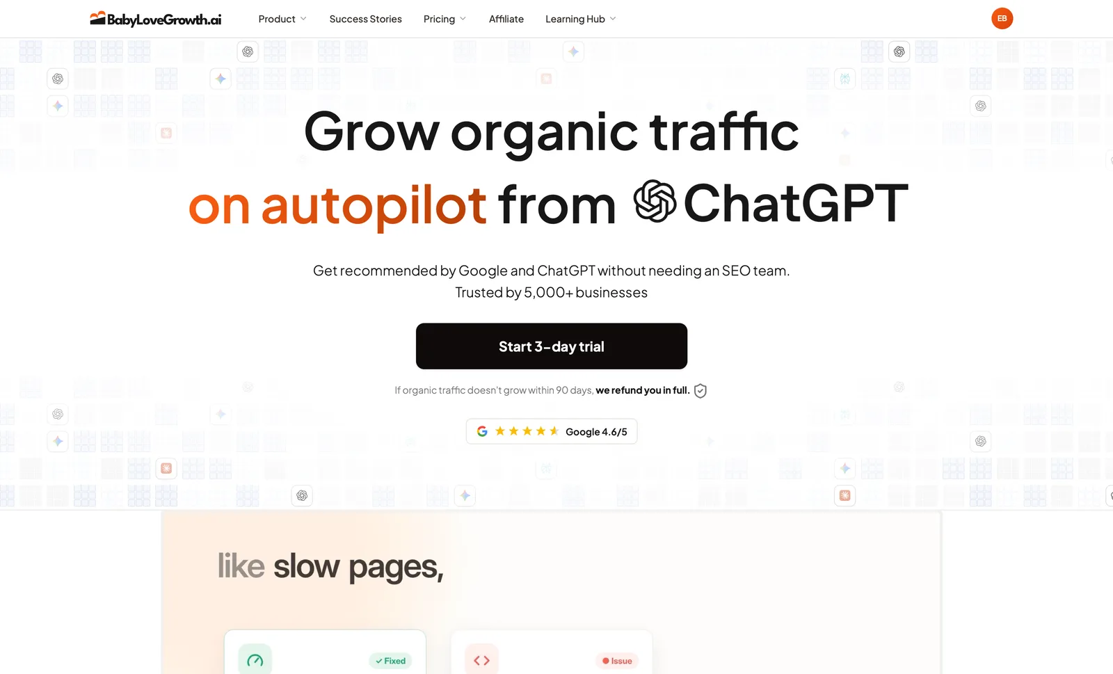 BabyLoveGrowth homepage: grow organic traffic on autopilot from ChatGPT