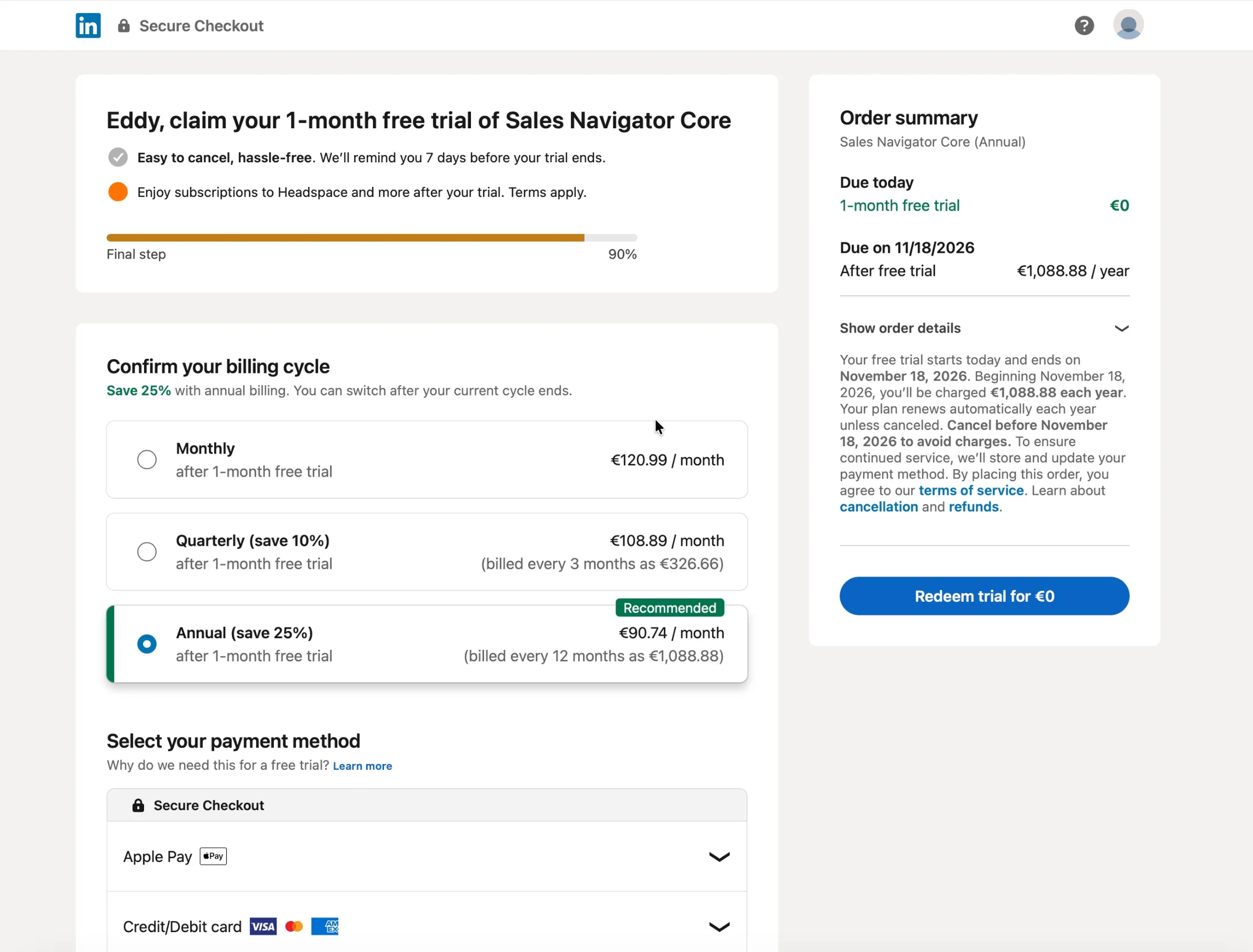 LinkedIn checkout: claim your 1-month free trial of Sales Navigator Core, with the billing cycle, payment method and an order summary of €0 today and €1,088.88 after the trial
