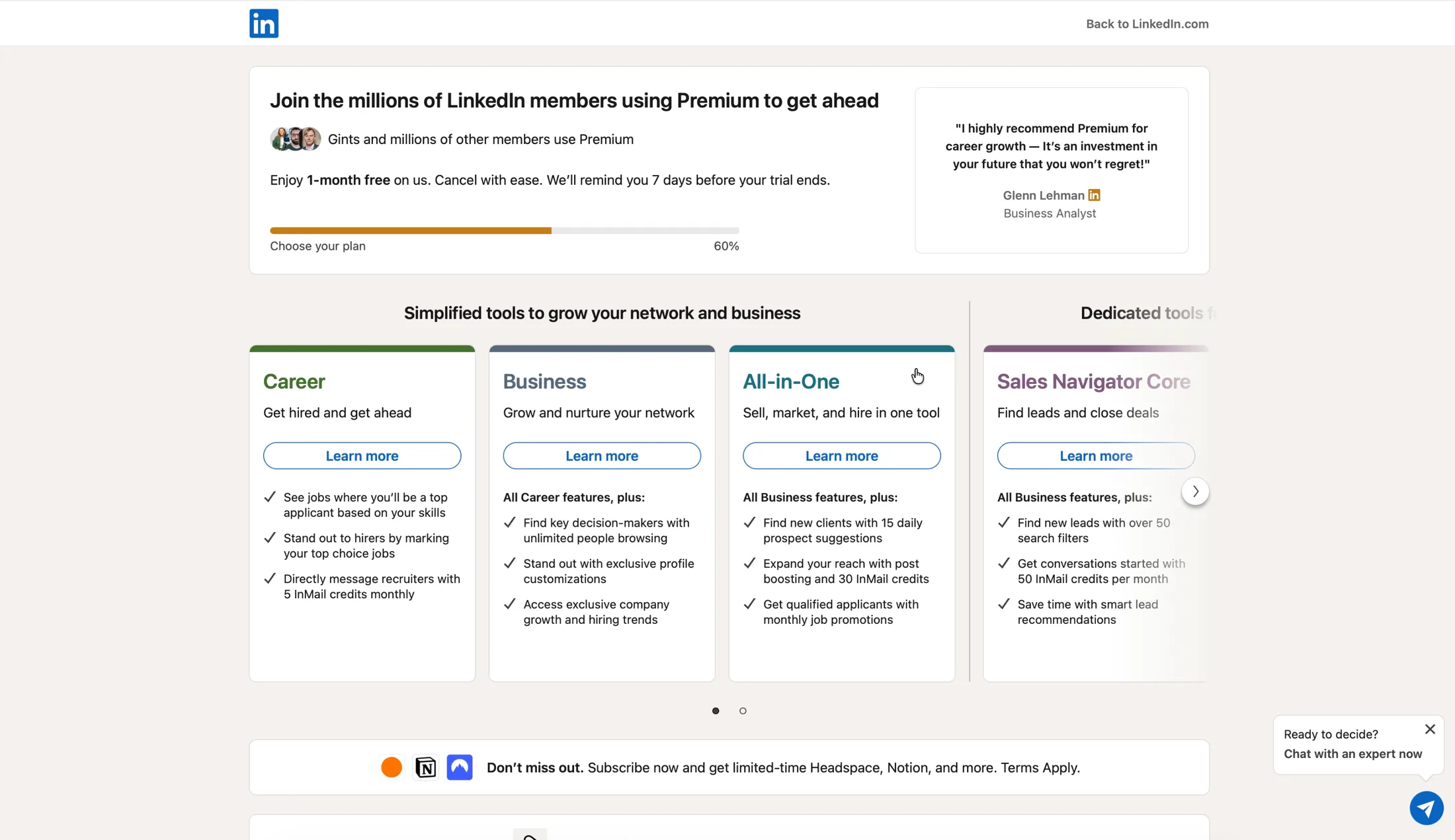 LinkedIn Premium plan picker: Career, Business, All-in-One and Sales Navigator