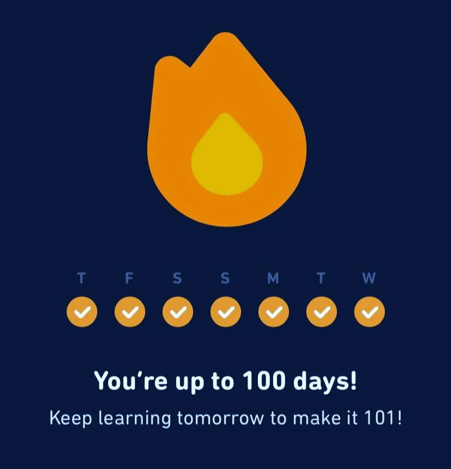 Duolingo streak screen: You’re up to 100 days!