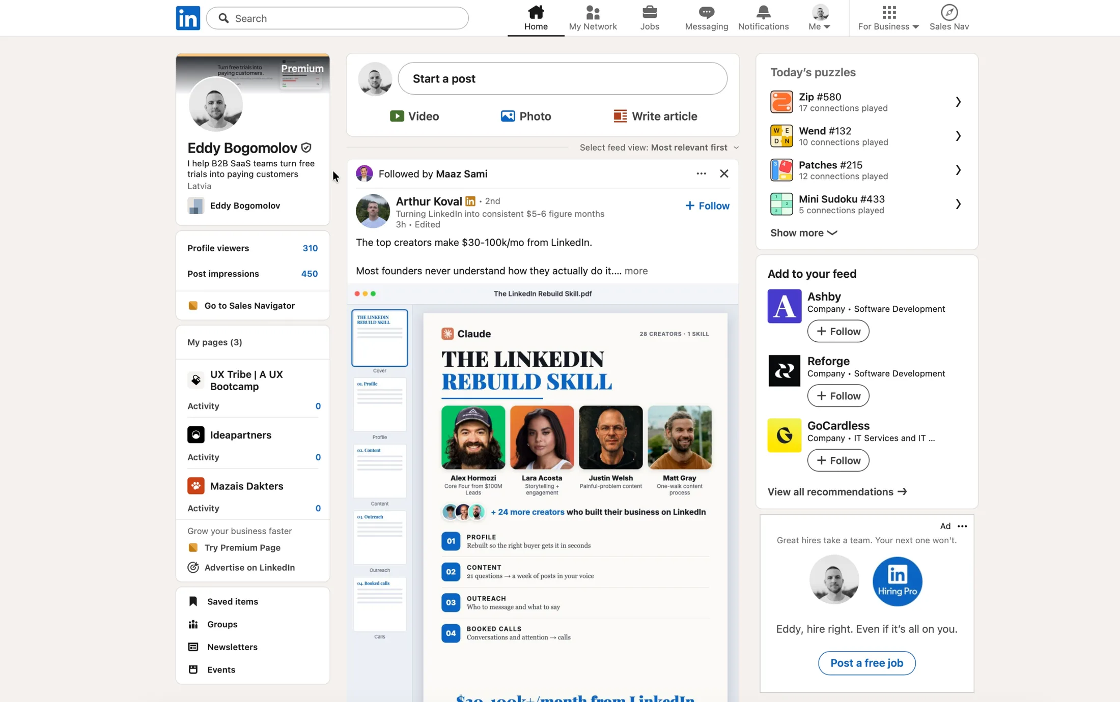 My LinkedIn feed, now with a Premium badge