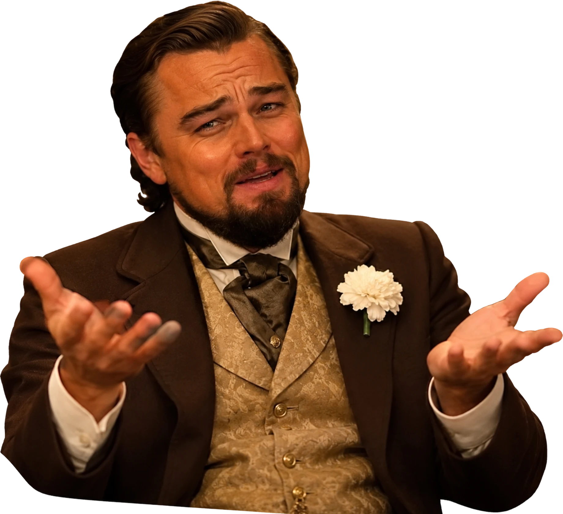 A man in a brown suit shrugging with both hands out
