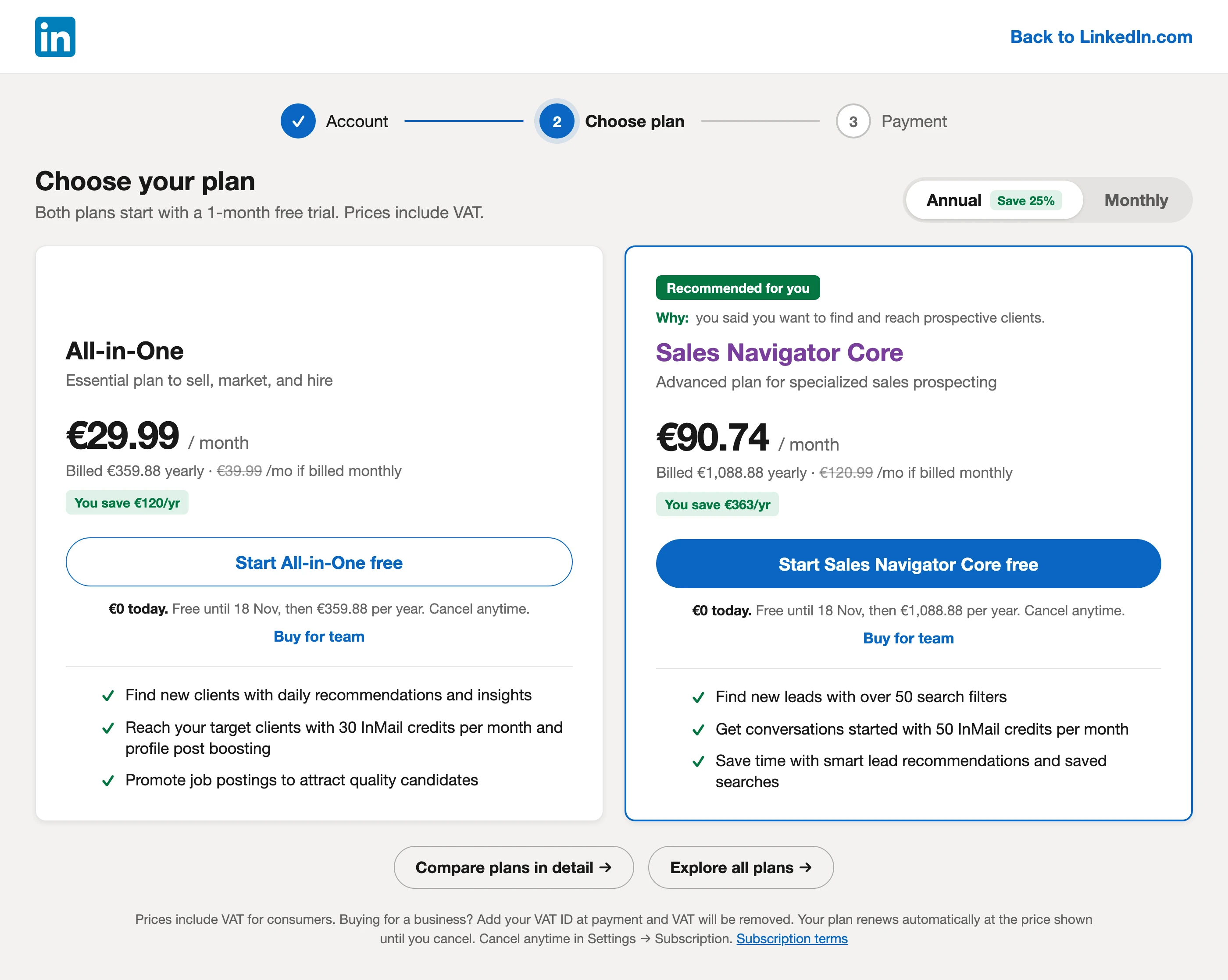 Concept: LinkedIn plan picker with a three-step header, a price on every card, one primary button per card and the full charge written out