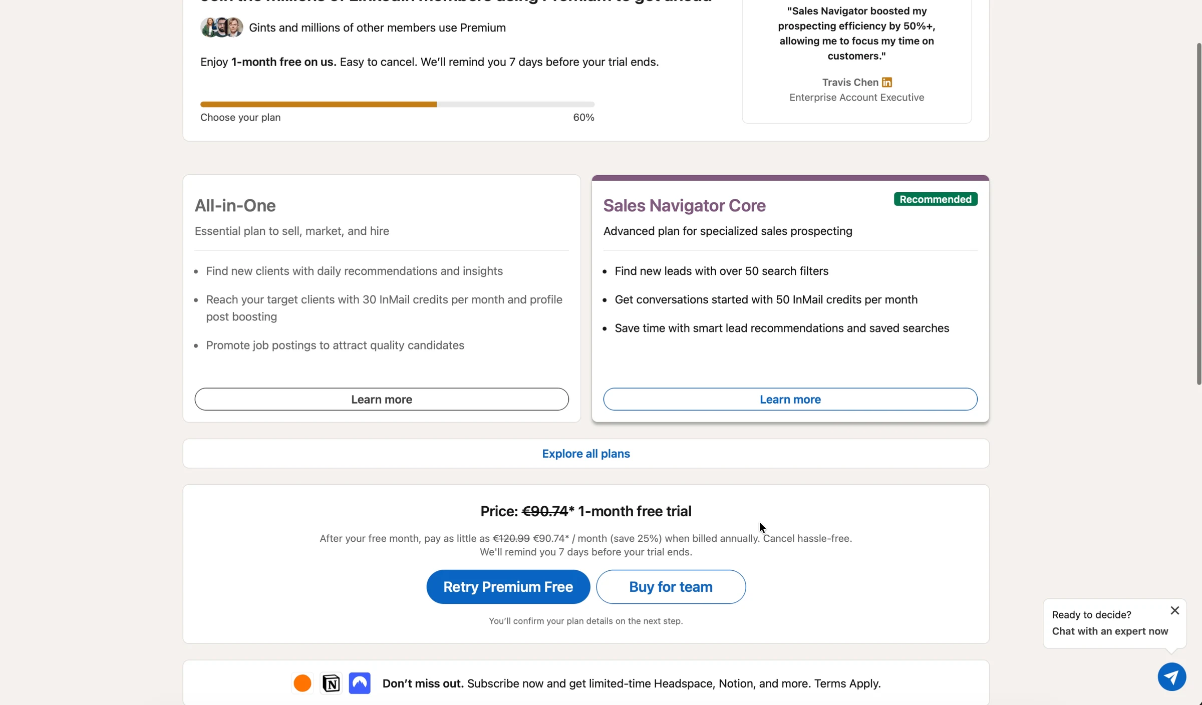 LinkedIn Premium: All-in-One and Sales Navigator Core, with Sales Navigator Core recommended, and a struck-through price below