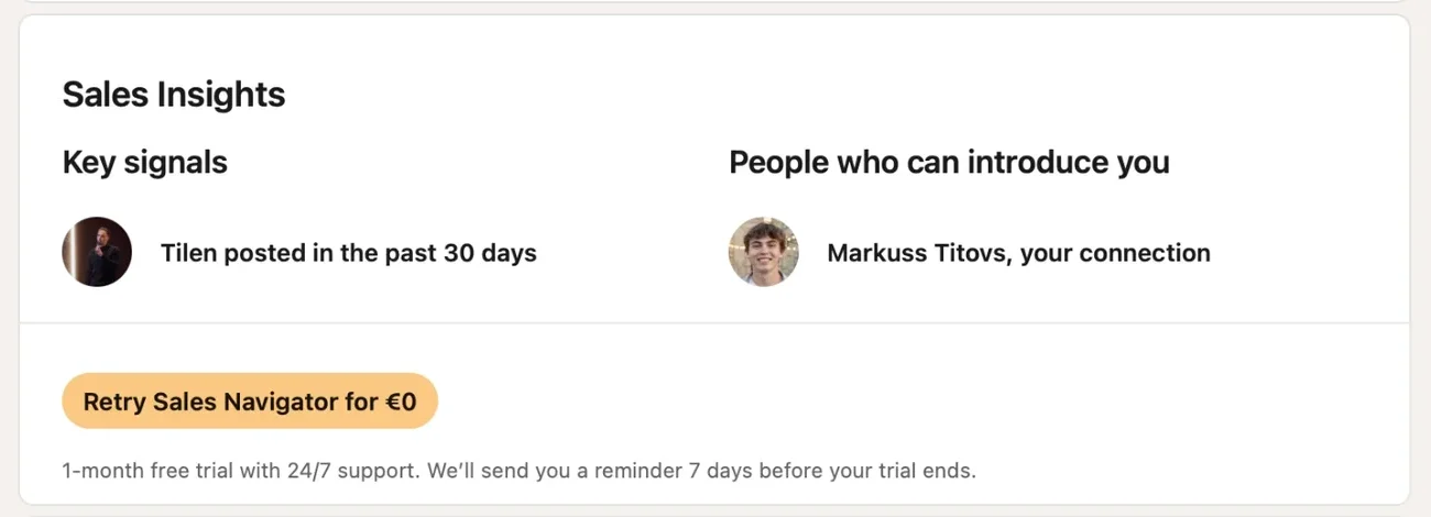 Under his profile: Retry Sales Navigator for €0, which I ignored