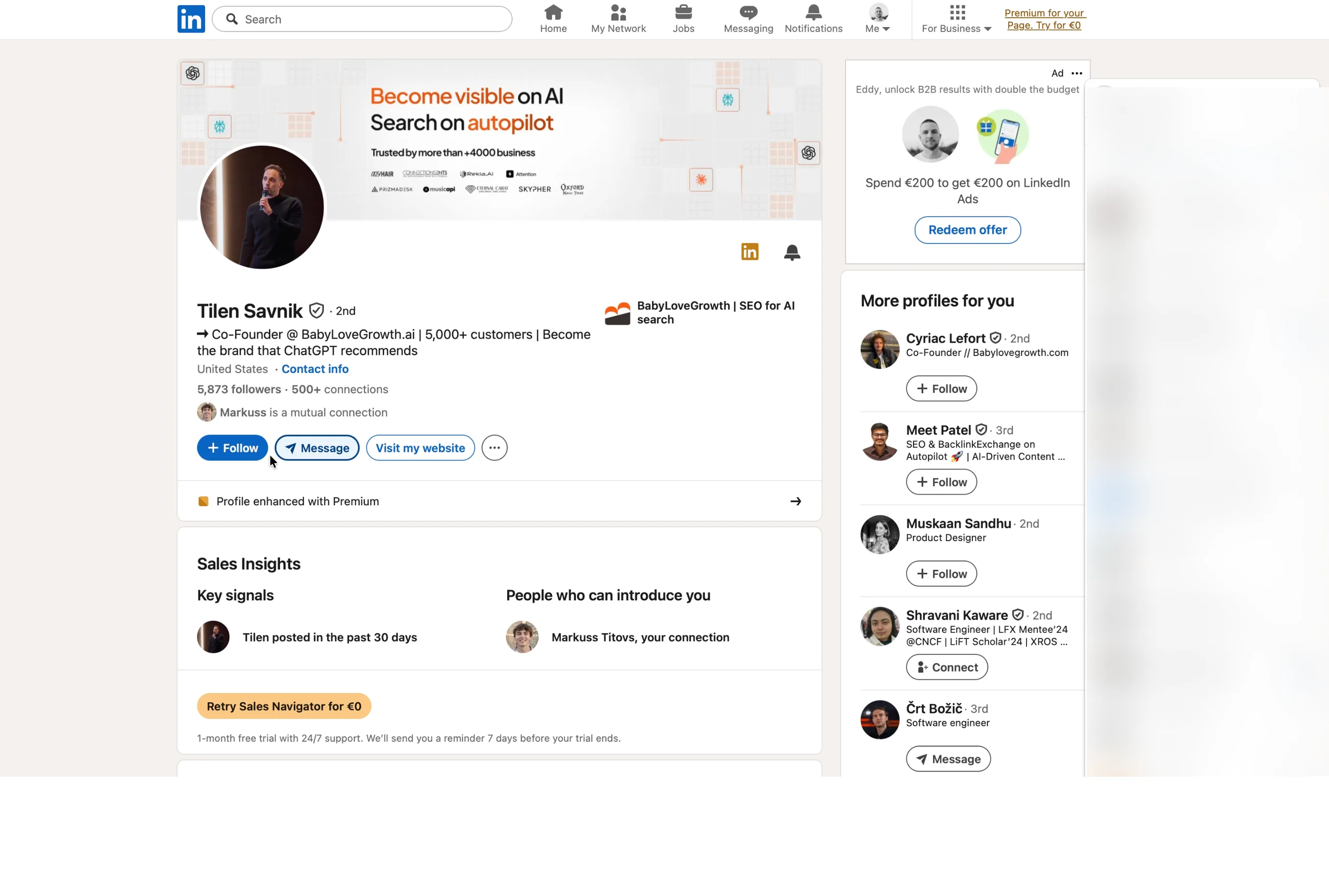 Tilen’s LinkedIn profile with a yellow Retry Sales Navigator for €0 button under Sales Insights