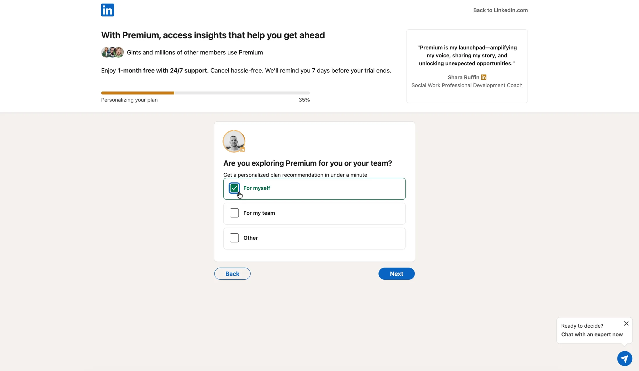 LinkedIn Premium quiz: Are you exploring Premium for you or your team? with For myself ticked, 35% done