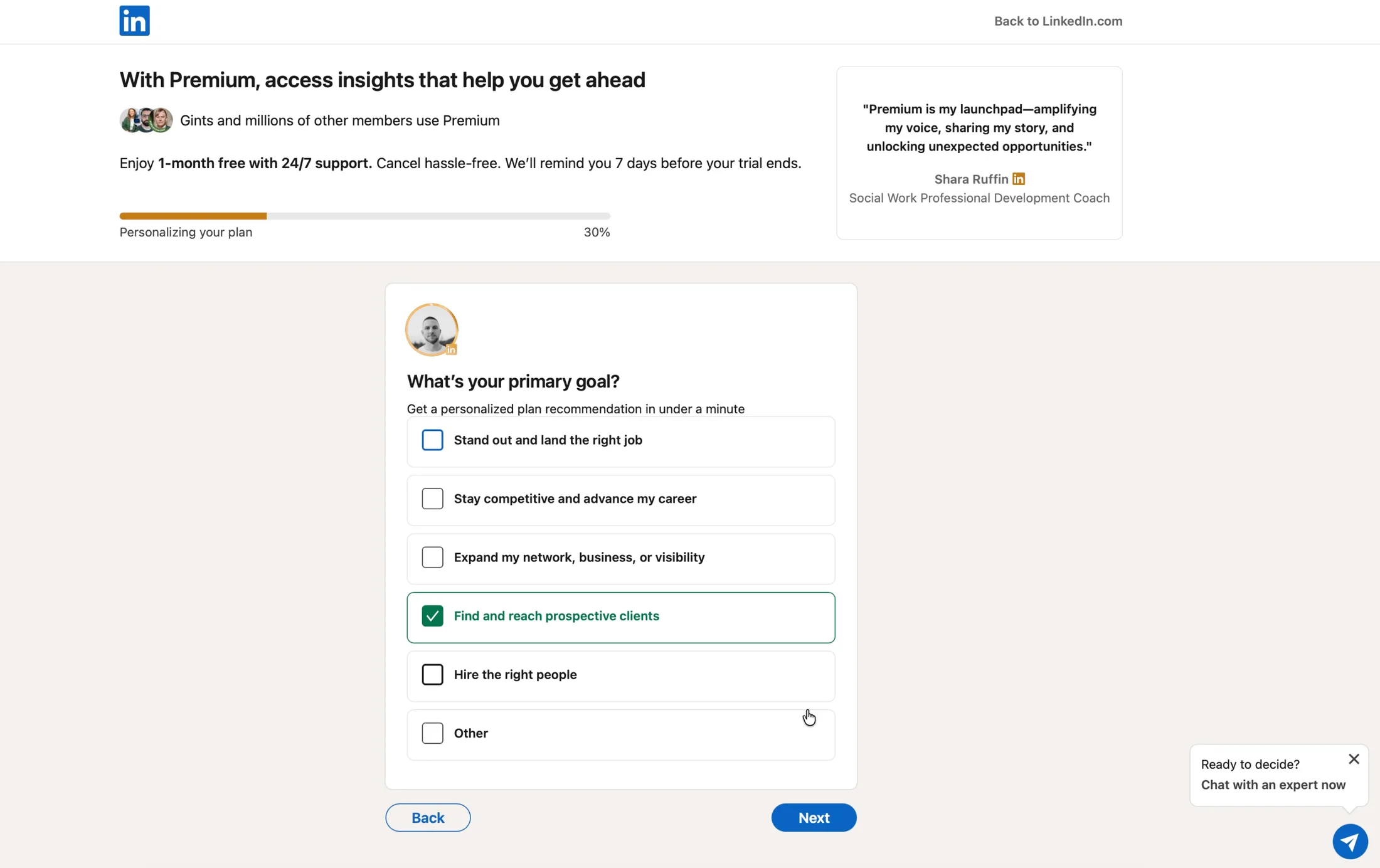 LinkedIn Premium quiz: What’s your primary goal? with Find and reach prospective clients ticked