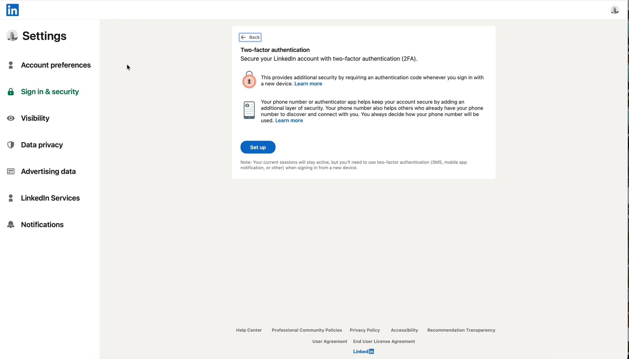 LinkedIn Settings: two-step verification with a phone number or an authenticator app